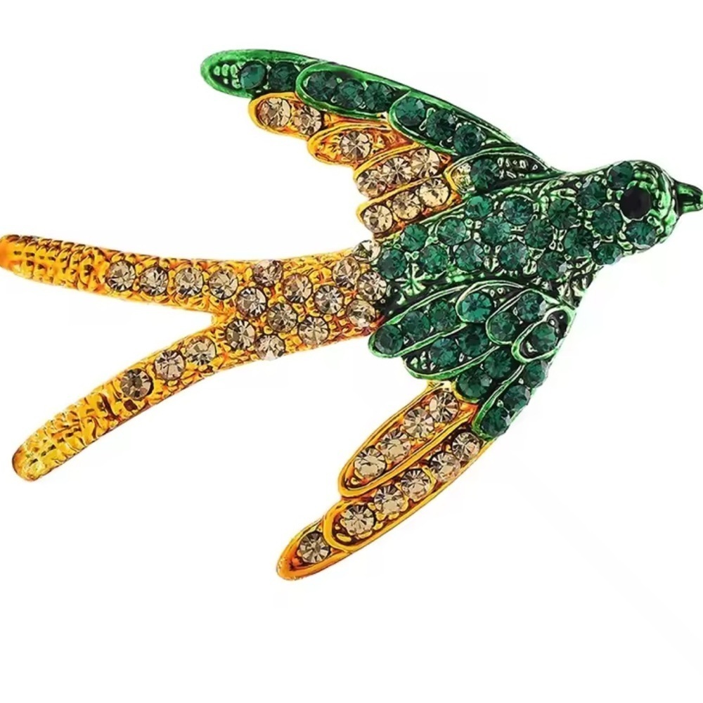 Swallow Elegant Green Gold Bird Brooch - Picture 4 of 6